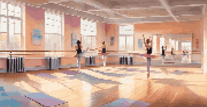 A lively dance studio featuring wooden floors, mirrors, and sunlight coming through large windows, with motivational quotes and art on the walls.
