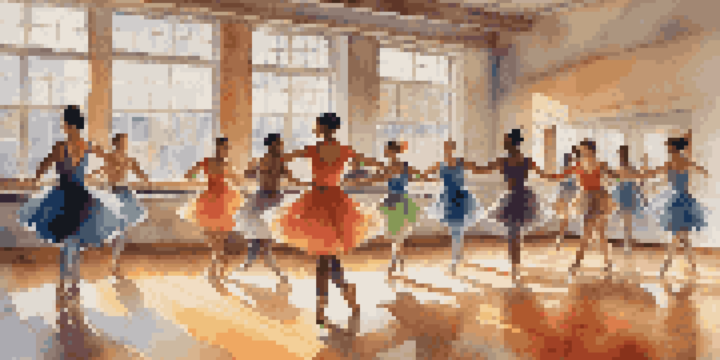 A group of diverse dancers in colorful outfits rehearsing in a sunlit studio, showcasing their joyful movements.