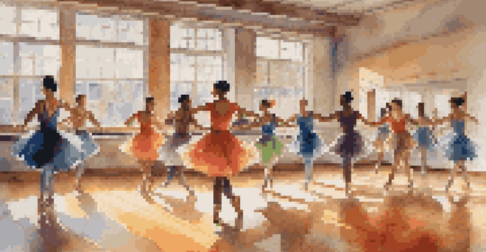 A group of diverse dancers in colorful outfits rehearsing in a sunlit studio, showcasing their joyful movements.
