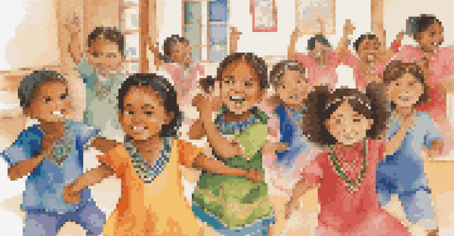 A diverse group of children in colorful clothing participating in a dance workshop, smiling and engaged in a bright room decorated with cultural elements.