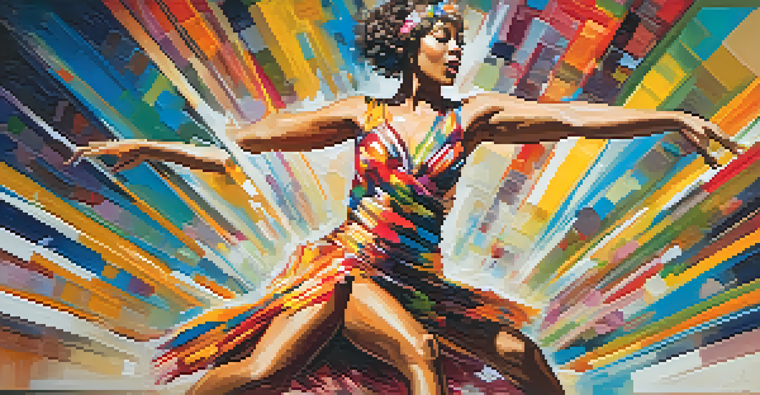 A jazz dancer in a colorful flapper dress performing energetically on stage, with vibrant lights and musical notes in the background.