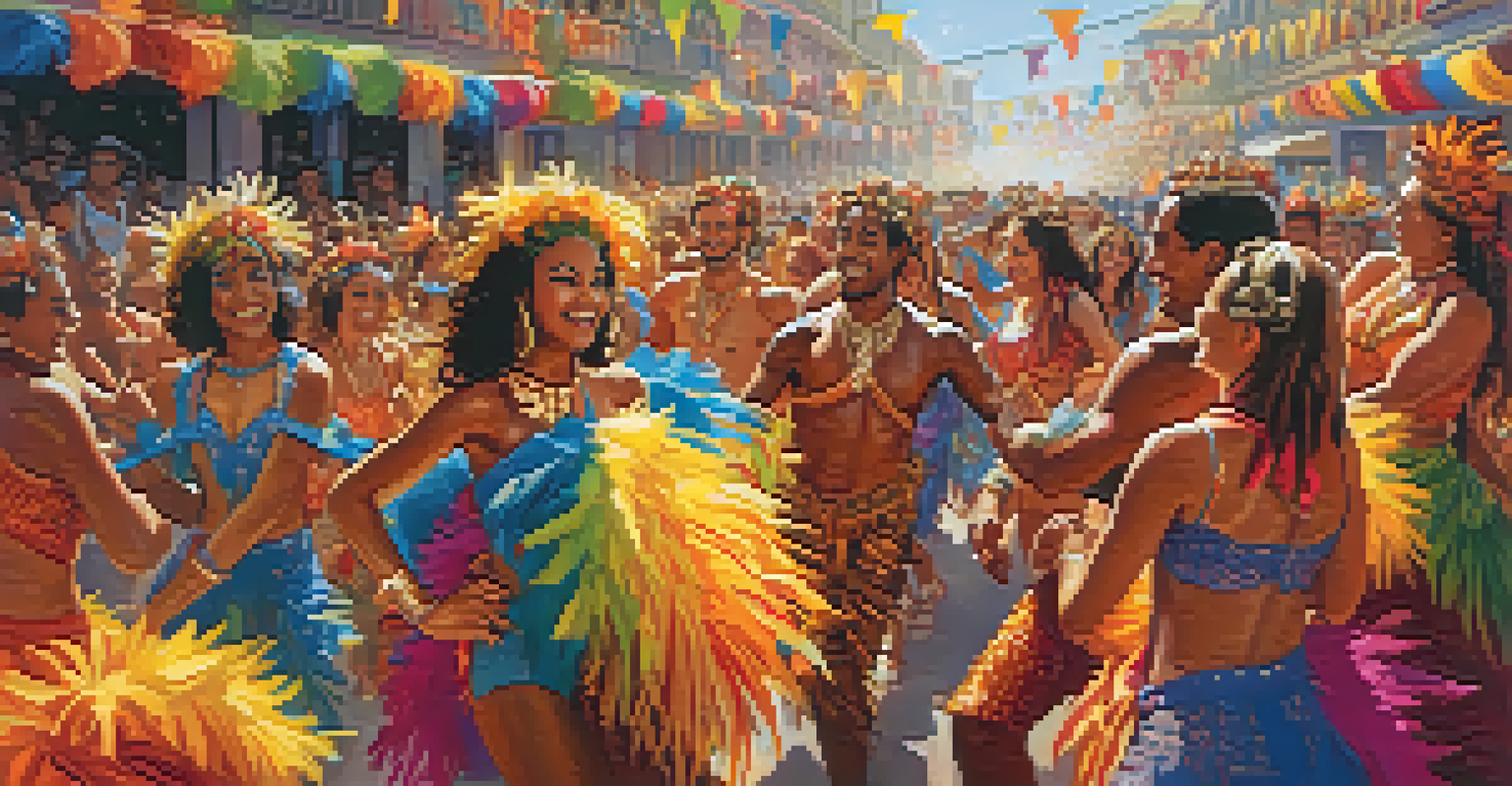 Samba dancers in colorful costumes performing during a Carnival celebration in Brazil, surrounded by a cheering crowd.