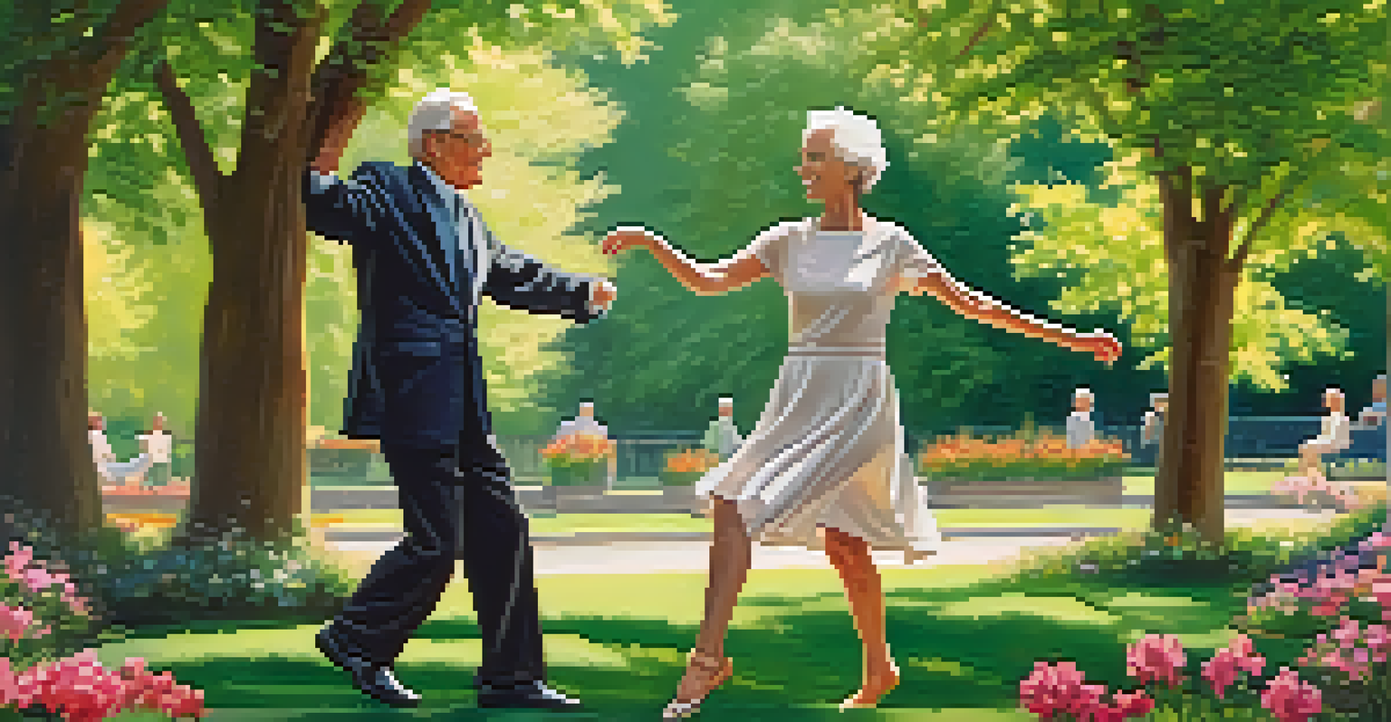 An elderly couple dancing joyfully in a park filled with flowers, showcasing connection and happiness.
