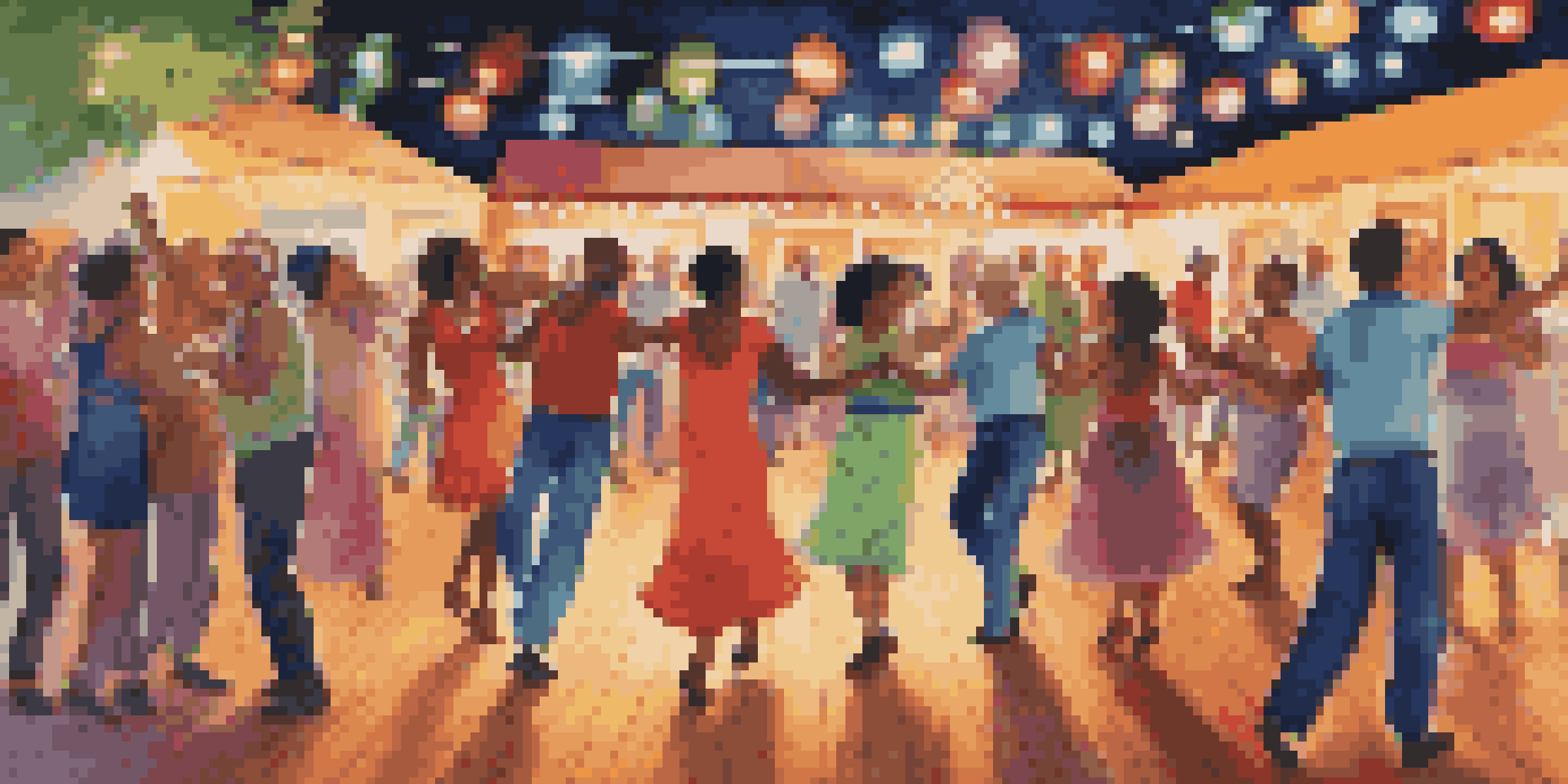 A lively community dance event with people of different ages dancing joyfully together in a colorful, well-lit setting.