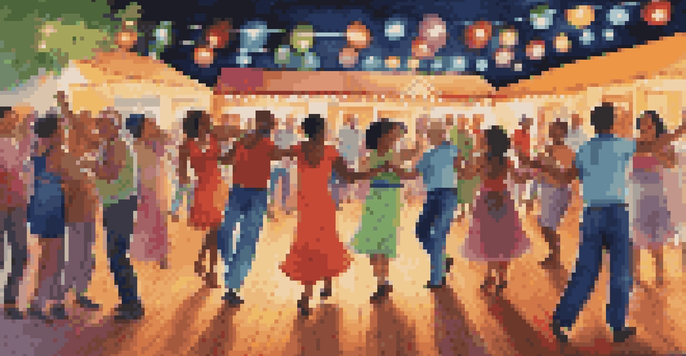 A lively community dance event with people of different ages dancing joyfully together in a colorful, well-lit setting.