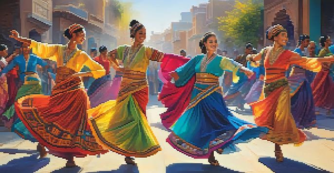 A lively group of dancers in traditional costumes from different cultures, dancing energetically in an urban setting.
