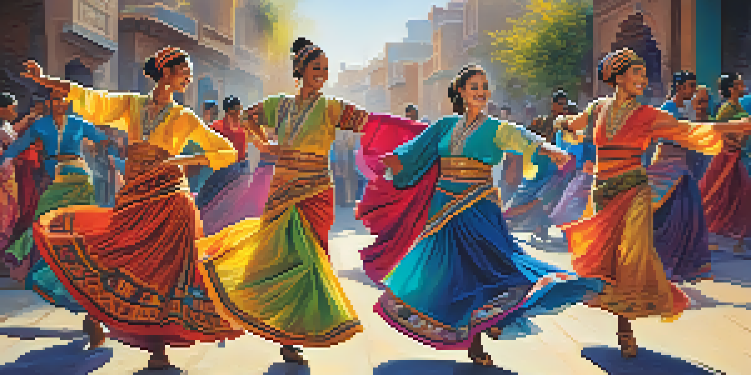 A lively group of dancers in traditional costumes from different cultures, dancing energetically in an urban setting.