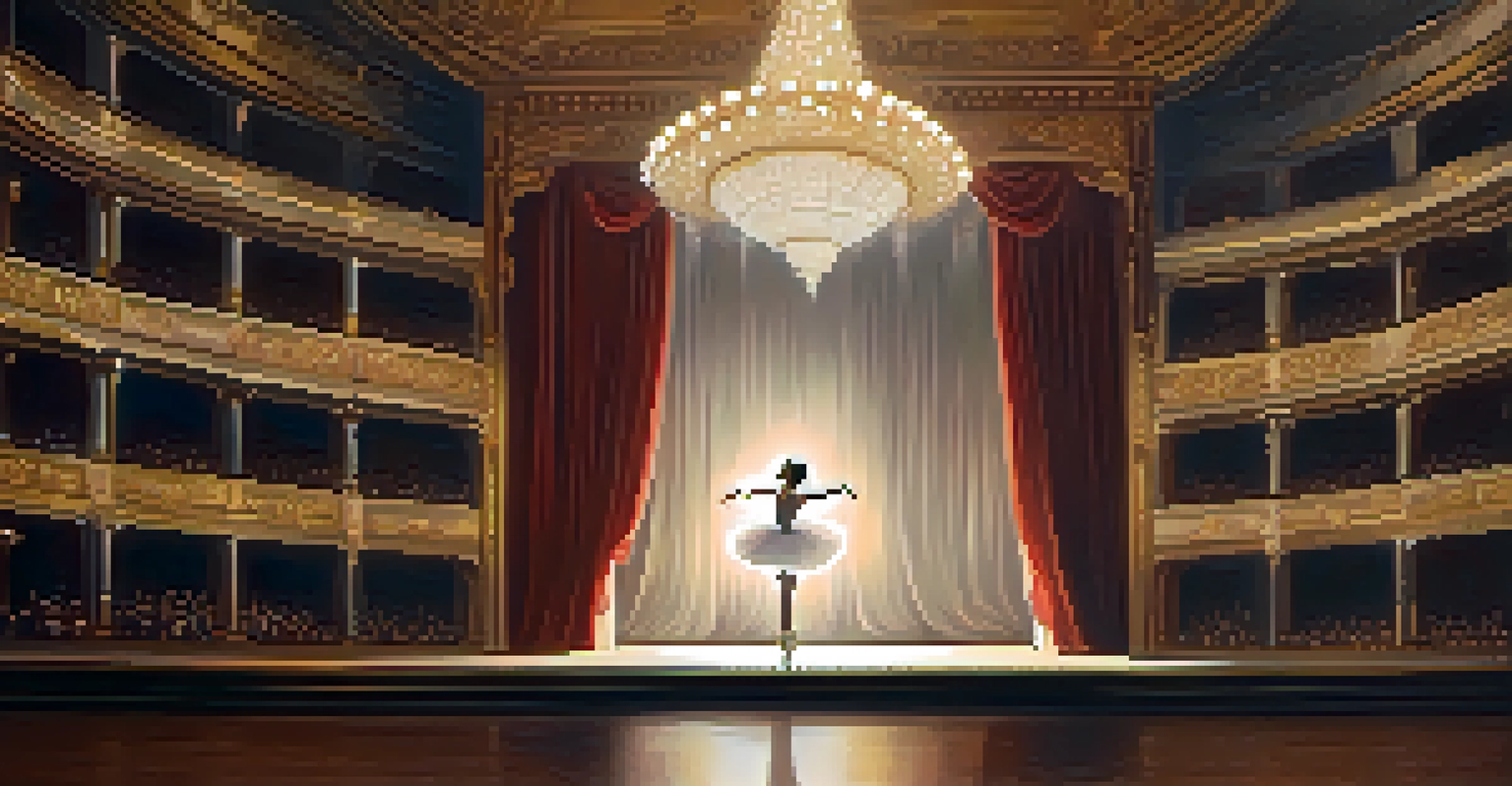 A ballerina in a white tutu performing a pirouette on a theater stage, with ornate curtains and an attentive audience in the background.
