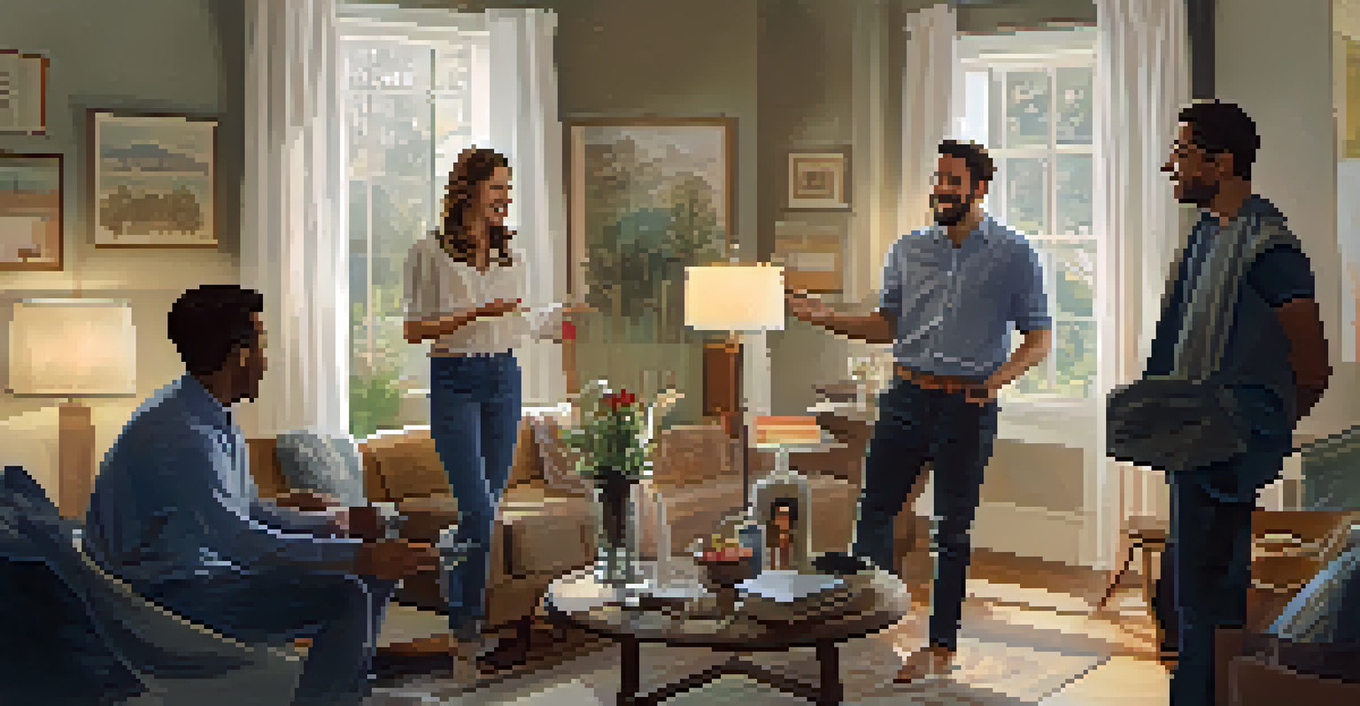 A group of friends participating in a mock presentation, with one person presenting confidently in a cozy living room setting.