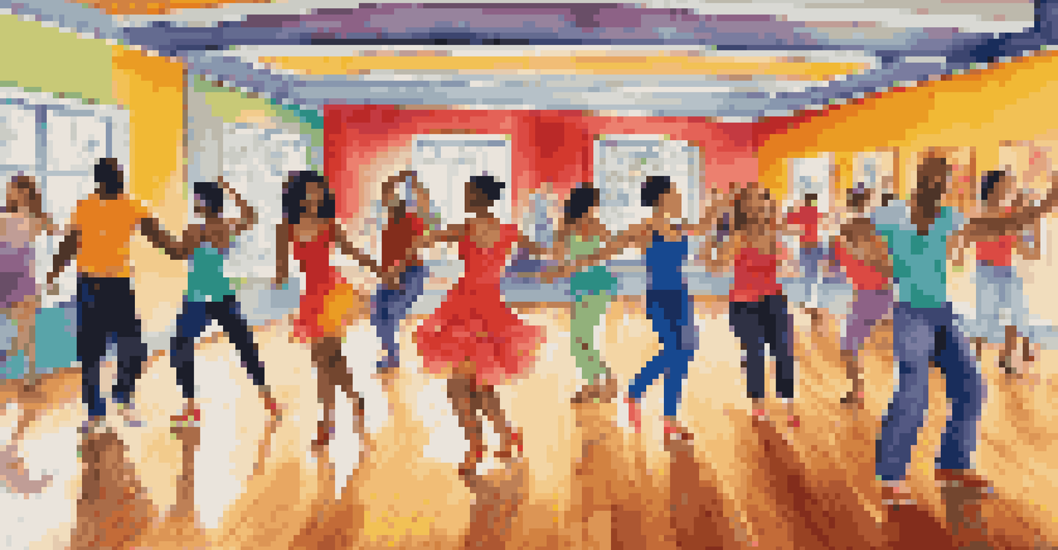 A diverse group of dancers in a colorful salsa class, moving energetically in a vibrant studio.