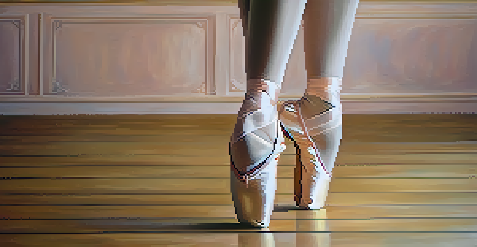A close-up of a young dancer's feet in ballet shoes on a wooden floor, showcasing grace and discipline.