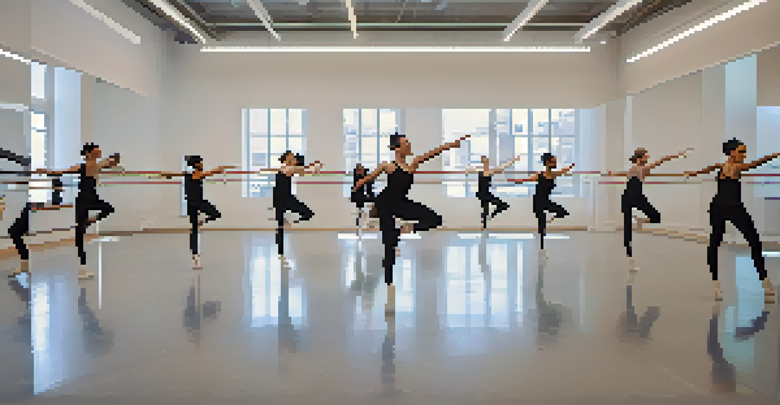 Students practicing in a modern dance studio with motion capture technology, displaying their movements in real-time on a large monitor.
