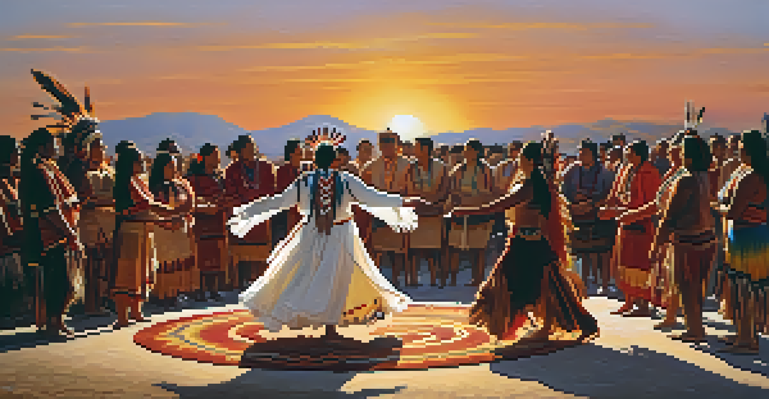 A ceremonial dance by Native American dancers in traditional attire, surrounded by spectators in a warm sunset setting, expressing spirituality.