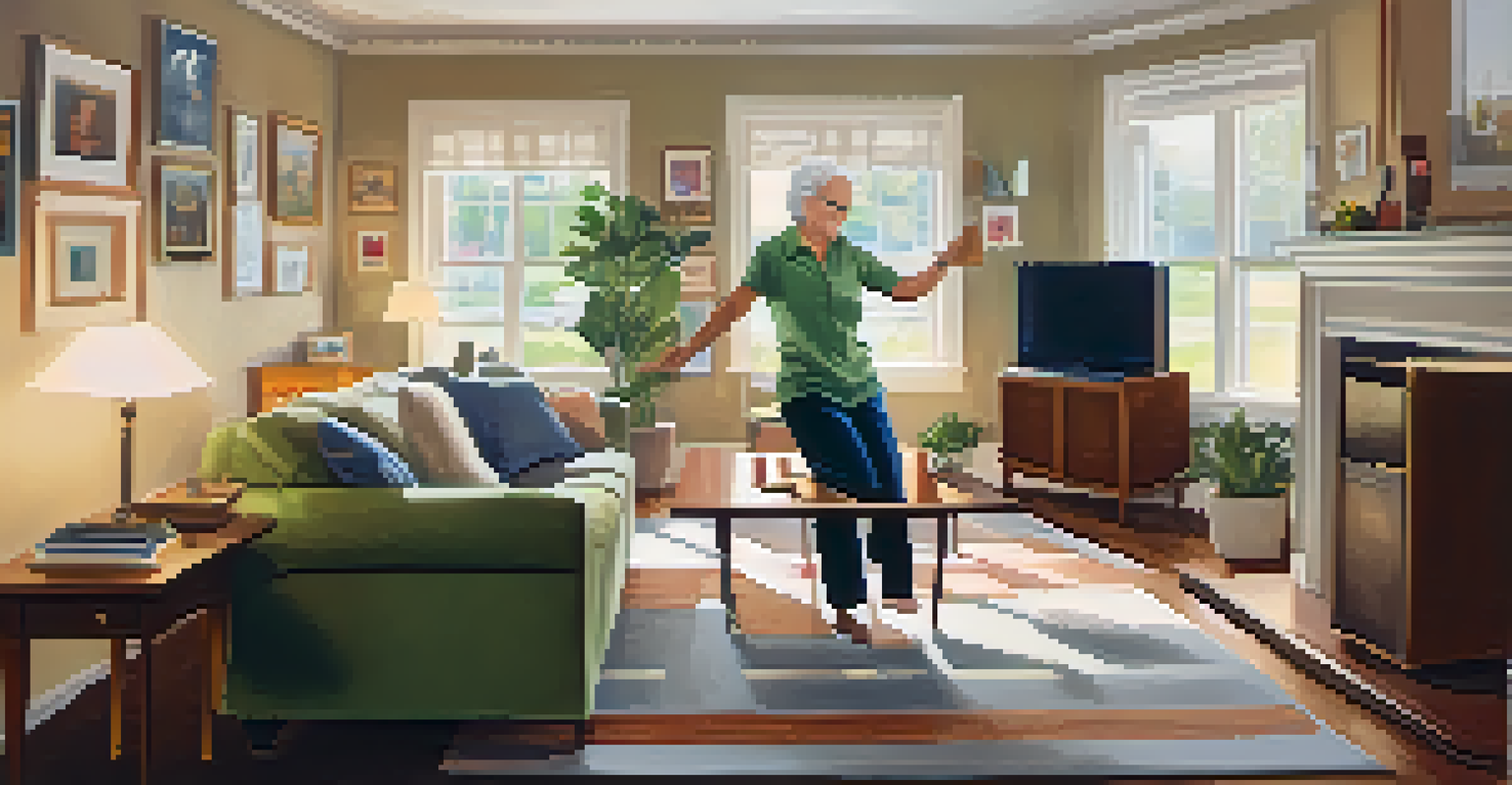 A senior practicing a personal dance routine in a cozy living room, surrounded by family photos and a record player.