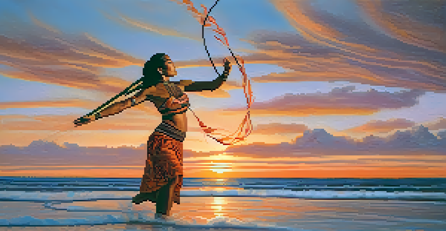 A Maori woman performing poi dance at sunset, with a serene expression and swinging poi in rhythmic patterns against a colorful sky.