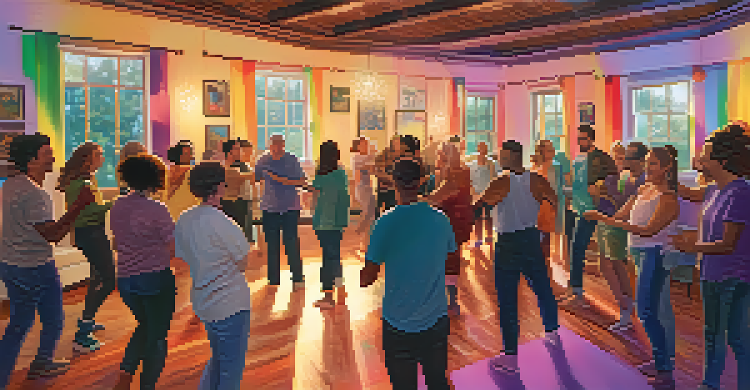 A warm and inviting room with people participating in a group dance therapy session, surrounded by rainbow decorations.