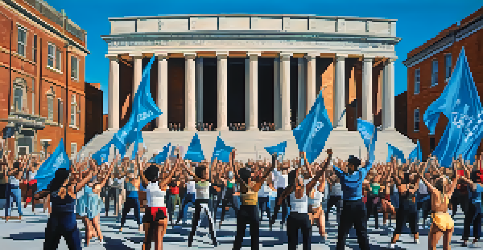 A group of dancers performing an activism dance in front of a historic landmark, with banners in the background and an engaged audience.