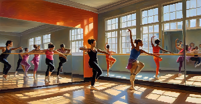 A bright dance studio with diverse dancers practicing choreography, surrounded by mirrors and colorful attire.