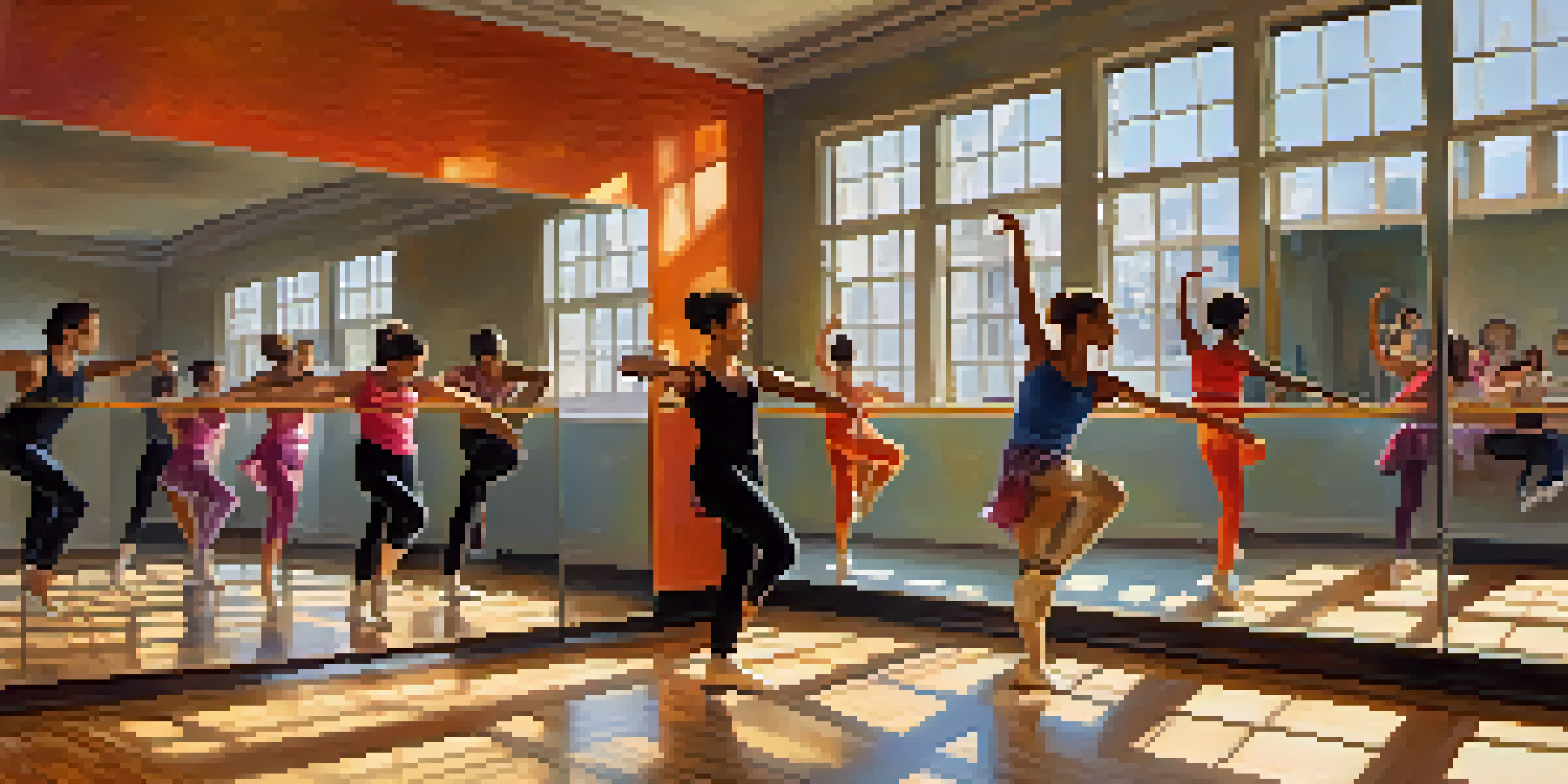A bright dance studio with diverse dancers practicing choreography, surrounded by mirrors and colorful attire.