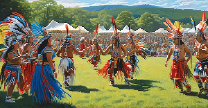 A lively Powwow with dancers in colorful traditional costumes performing in front of an enthusiastic audience amidst a green landscape under a clear blue sky.
