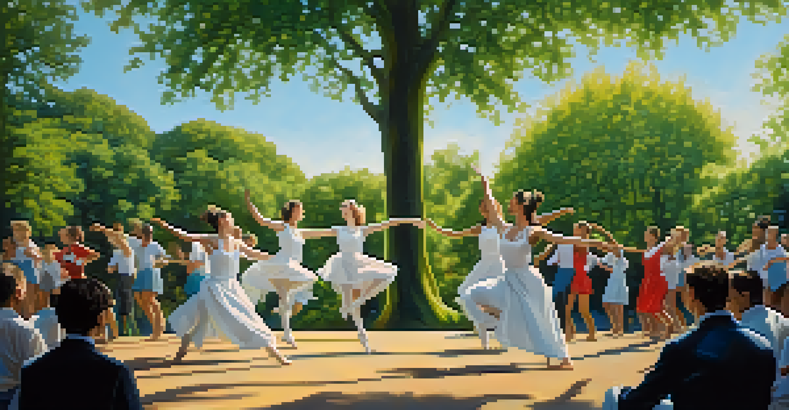 A contemporary dance troupe performing outdoors in a park, with dancers in motion against a backdrop of trees and a blue sky.