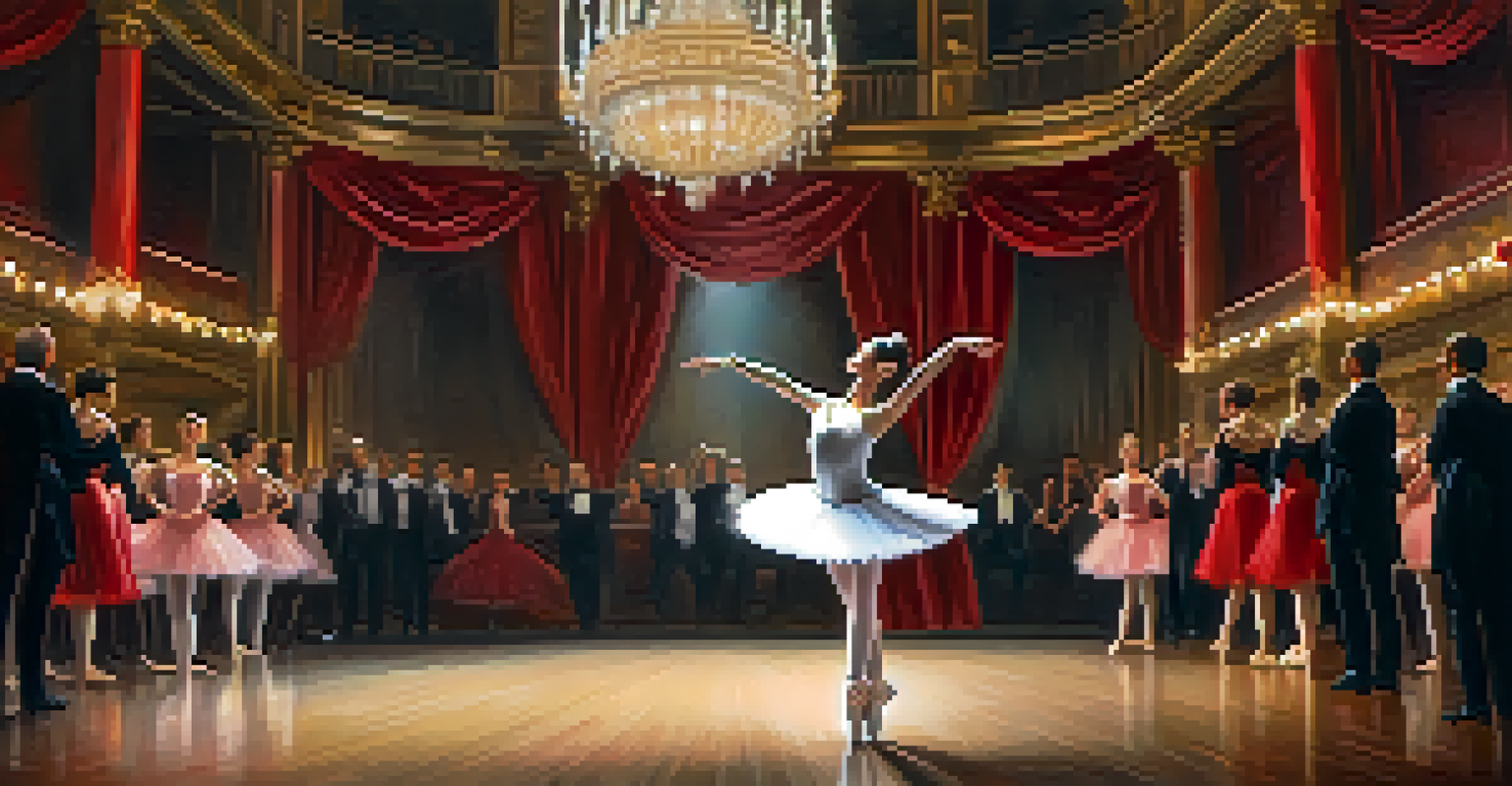 A female ballet dancer performing mid-pirouette in an elegant theater setting with golden chandeliers and red velvet curtains.