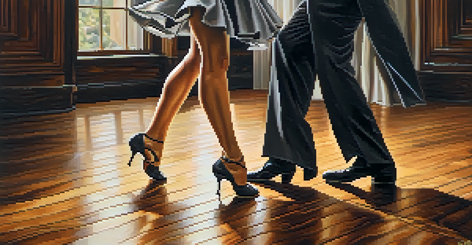 Close-up of a tango couple's feet dancing on a polished wooden floor, showcasing their intricate steps and elegant shoes.