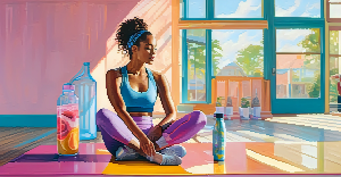 A dancer sitting on a gym floor, enjoying a smoothie after a workout, surrounded by a bright and inviting studio environment.