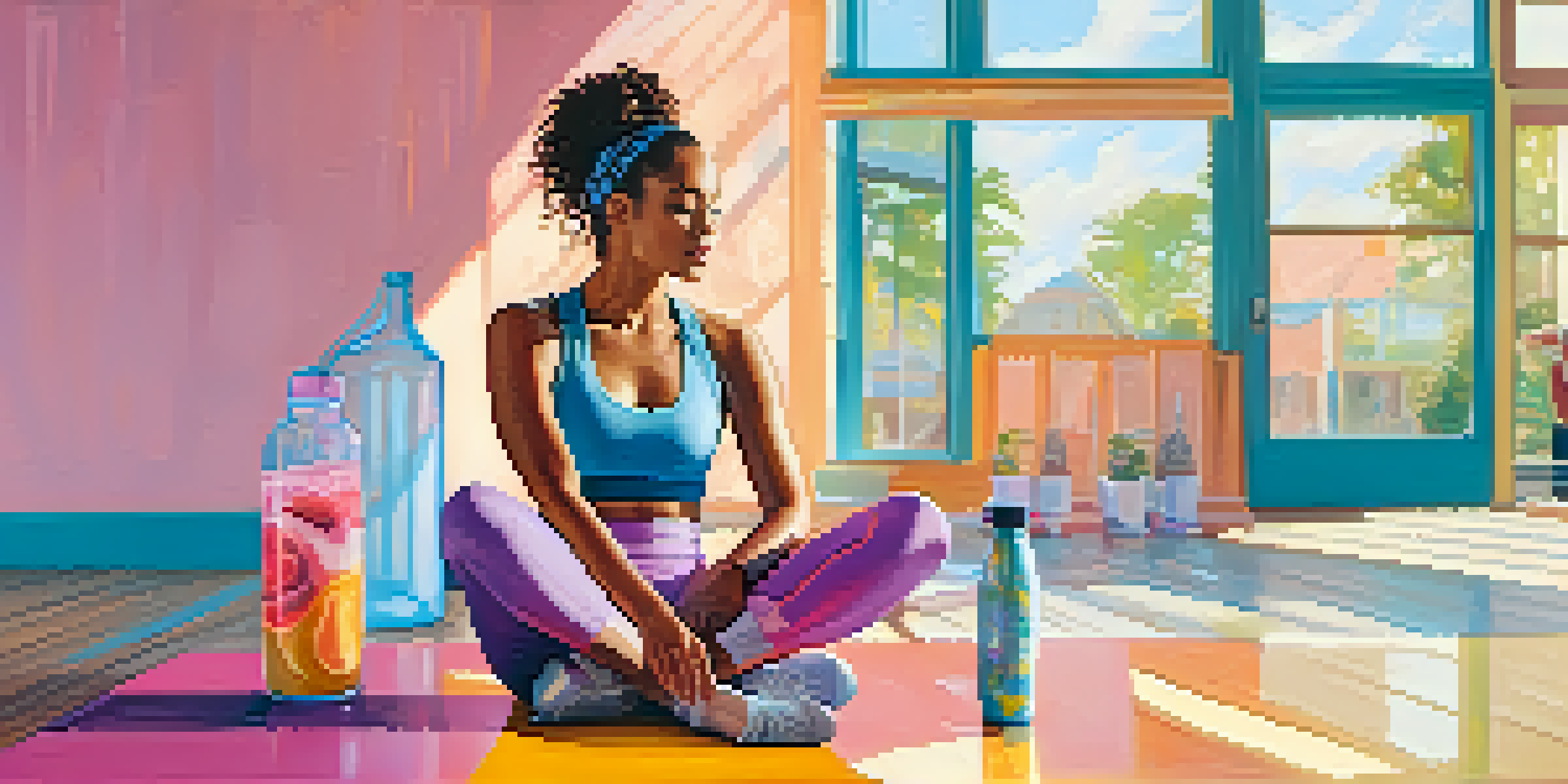 A dancer sitting on a gym floor, enjoying a smoothie after a workout, surrounded by a bright and inviting studio environment.