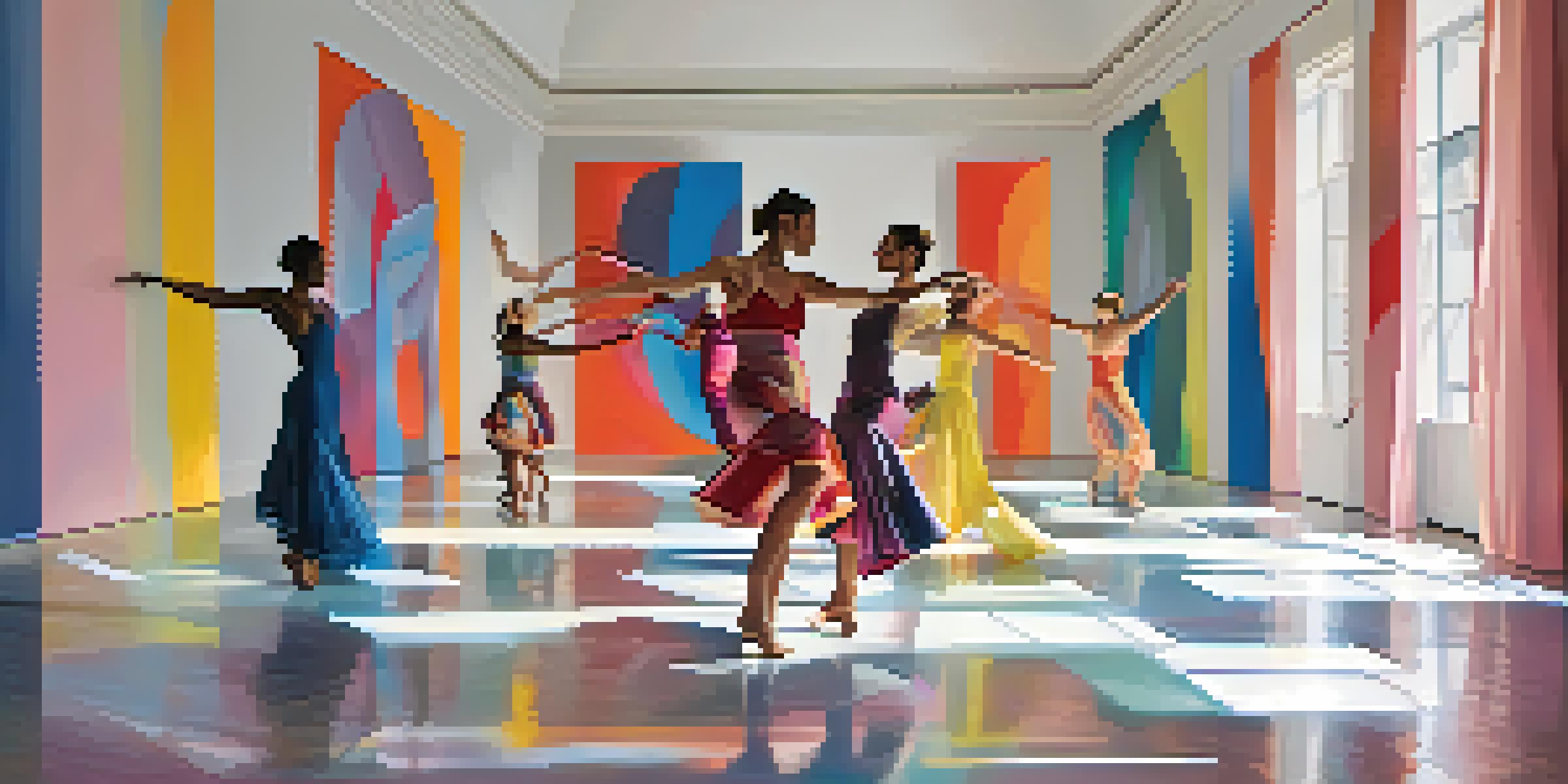 A contemporary dance performance in an art gallery with dancers interacting with abstract sculptures, illuminated by soft dramatic lighting.