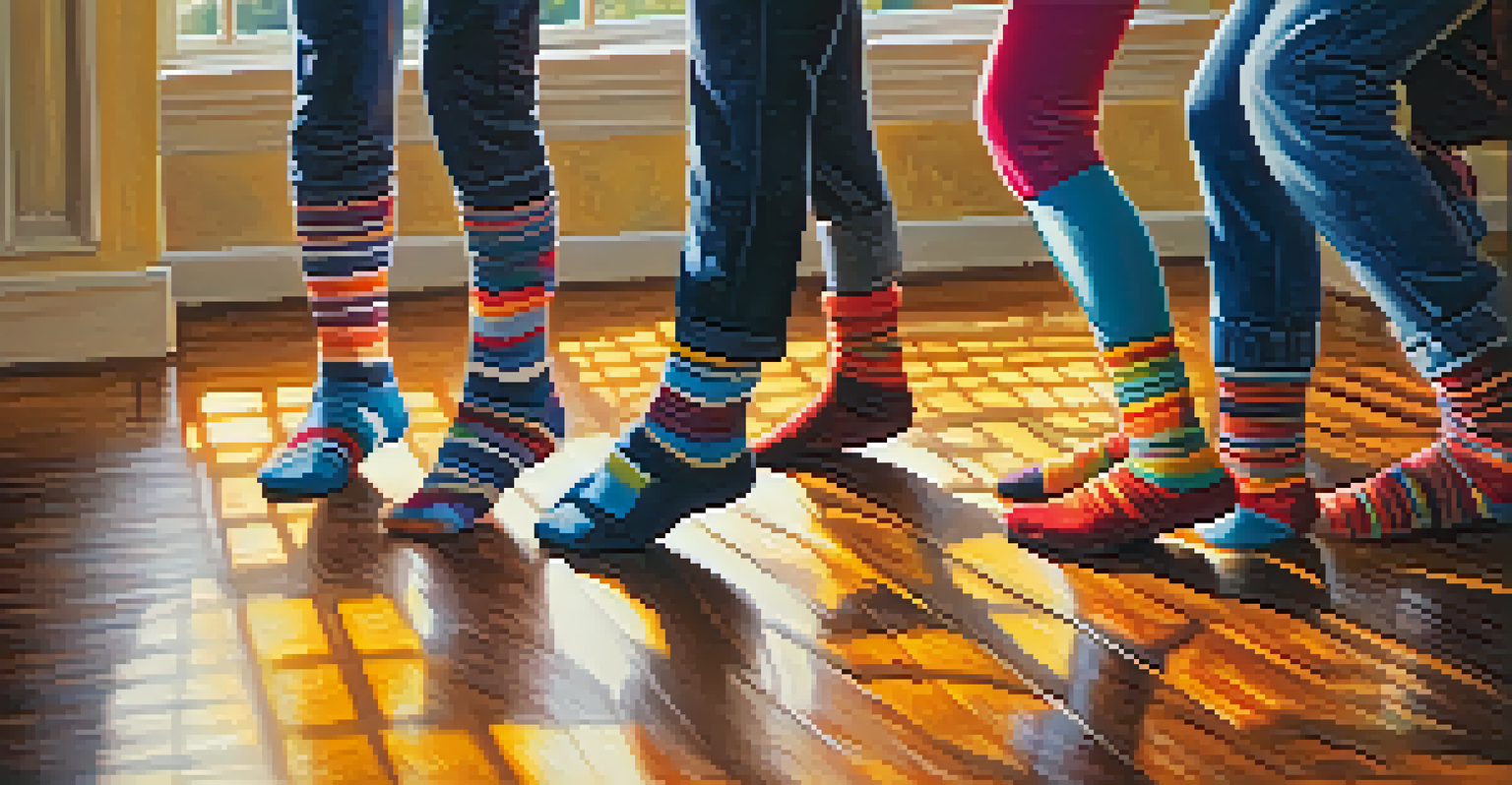 Close-up of a family's feet dancing on a wooden floor, wearing colorful socks under bright sunlight.