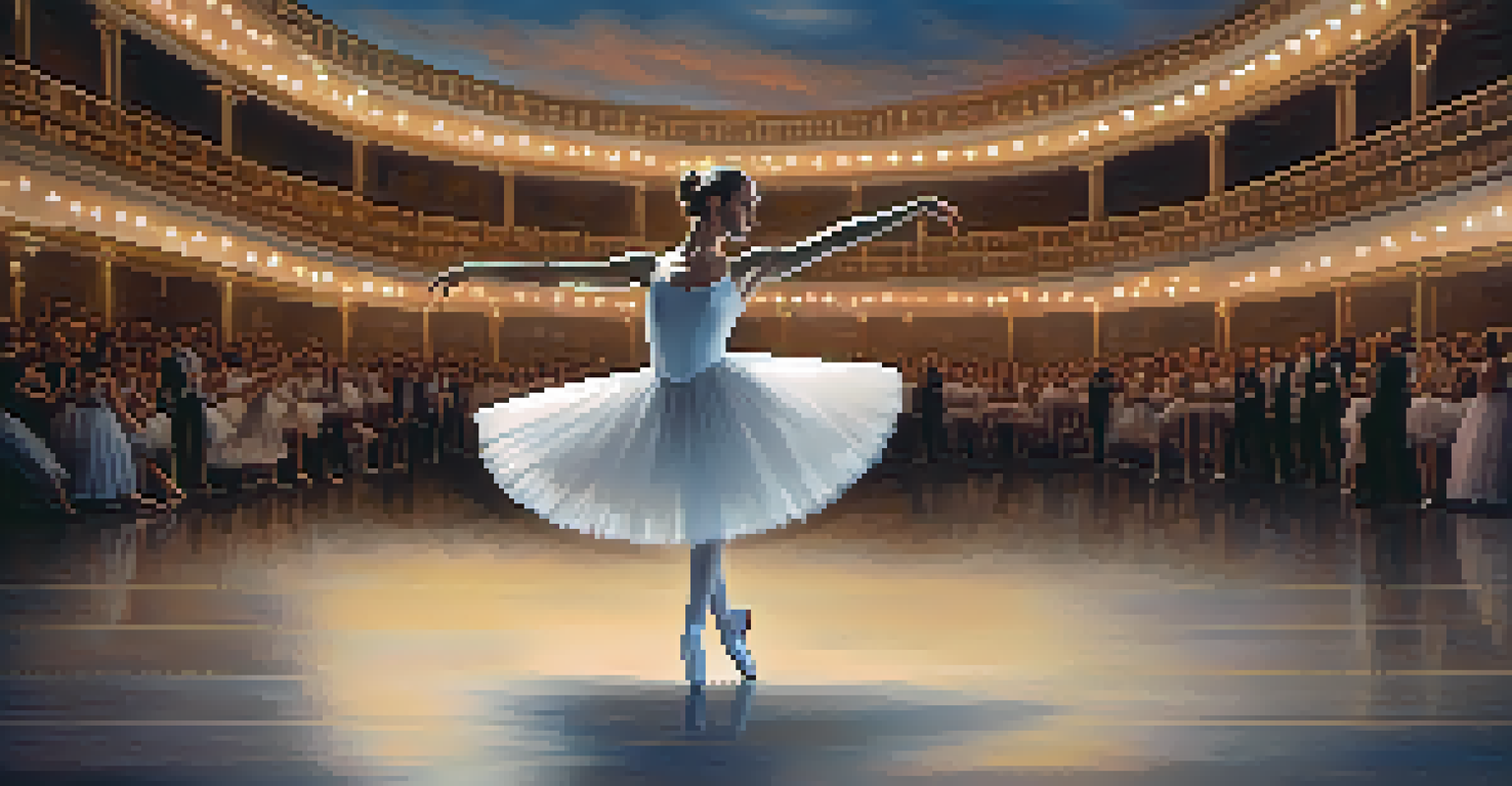 A ballerina in a white tutu performing an elegant leap on a grand stage with romantic lighting.