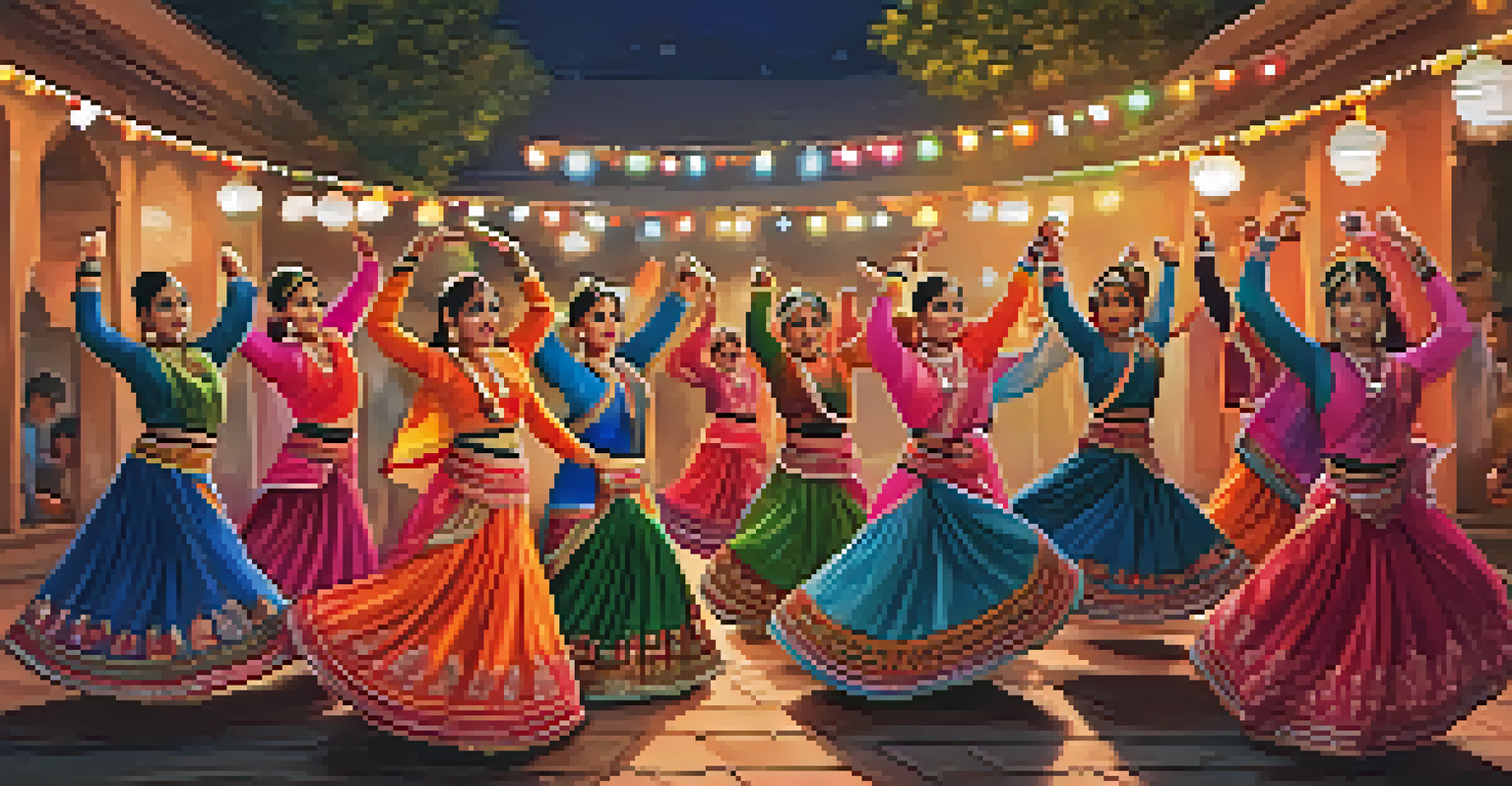 Dancers performing Garba in traditional attire, forming a circular pattern with glowing lanterns in the background.
