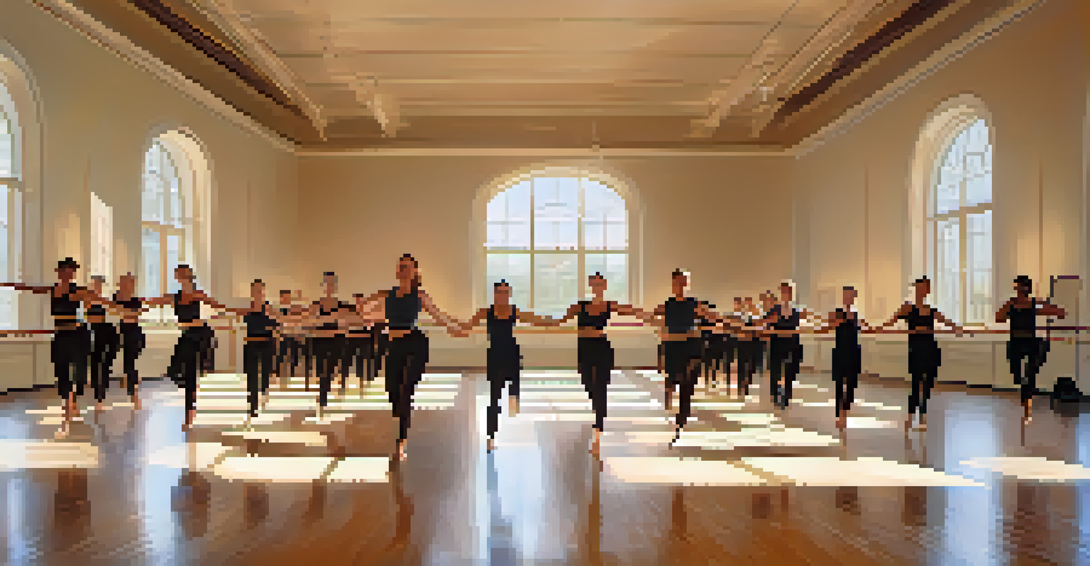 Employees in a dance class, focusing on their movements in a bright studio with mirrors and warm lighting.