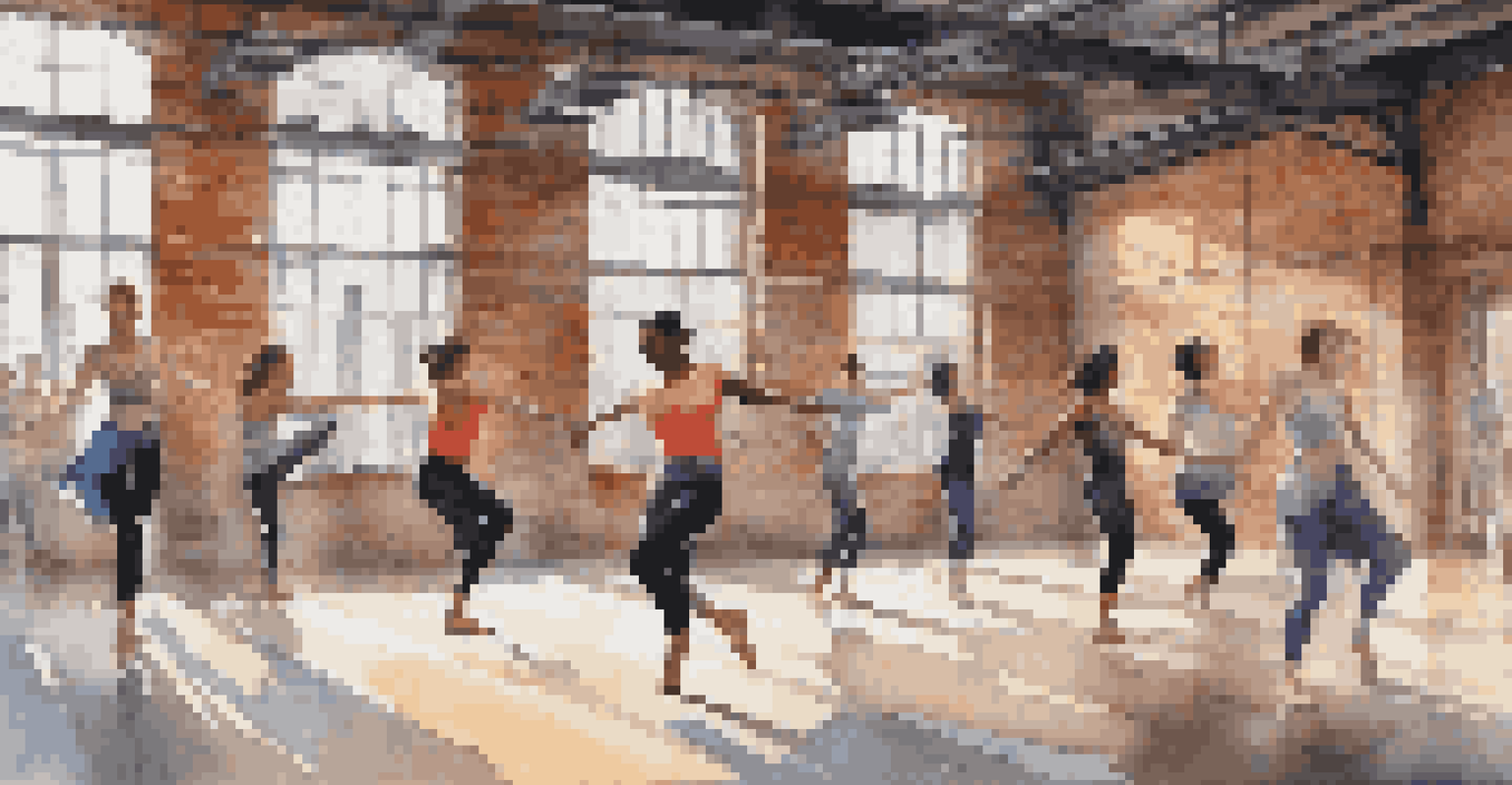 Contemporary dancers rehearsing in an urban warehouse with motion sensors, surrounded by industrial architecture.