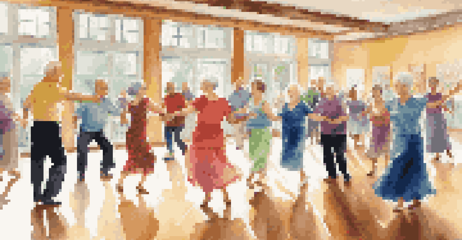Older adults in a ballroom dance class, guided by an instructor, enjoying the lively atmosphere of the spacious room filled with natural light.