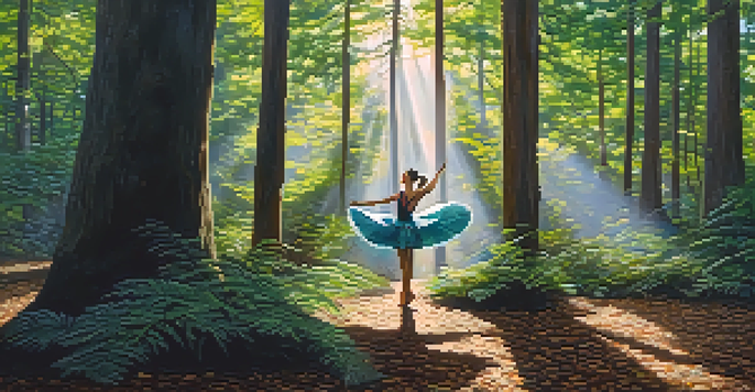A dancer performing in a forest, imitating the movement of trees with sunlight casting shadows on the ground.