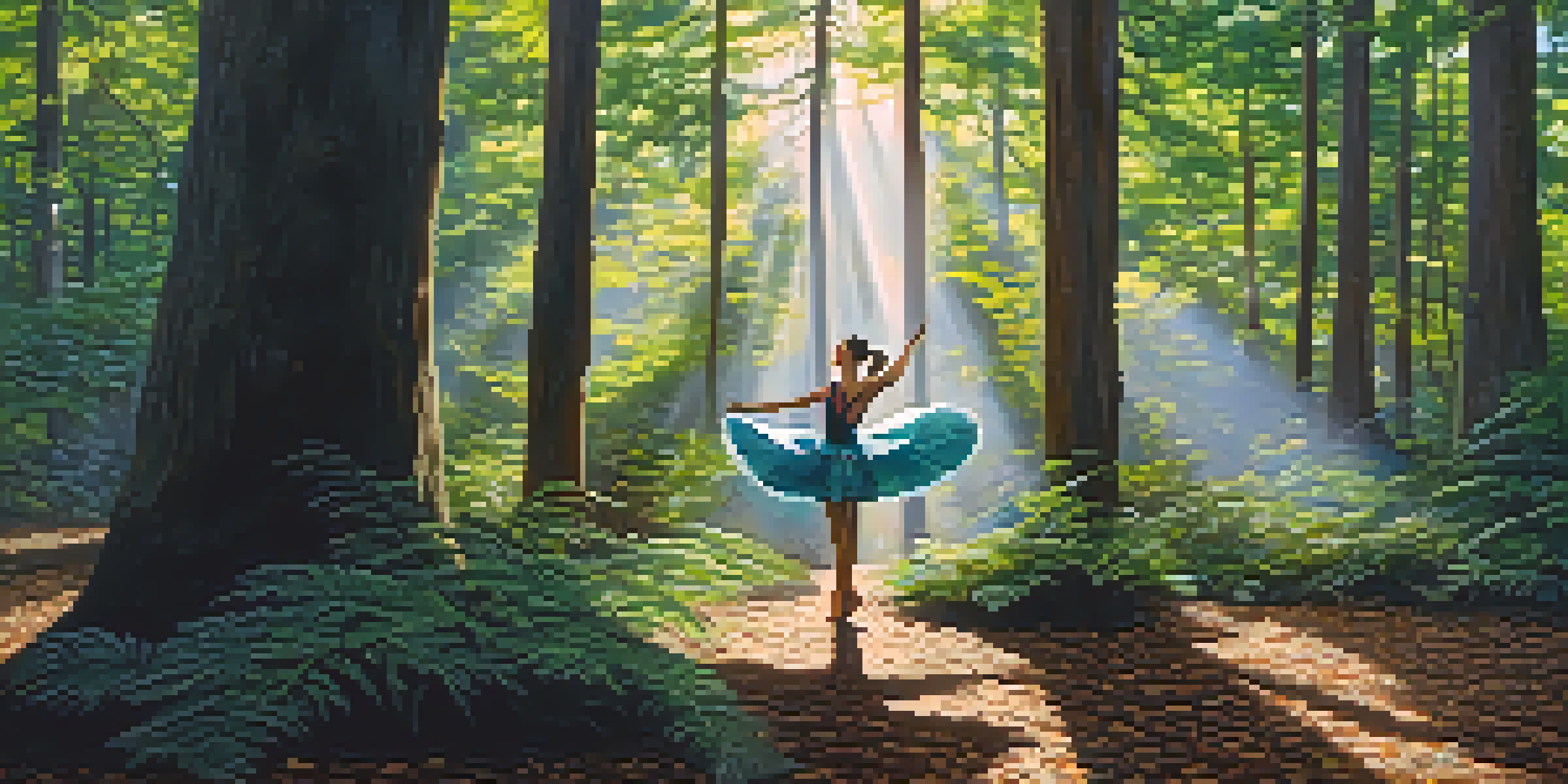 A dancer performing in a forest, imitating the movement of trees with sunlight casting shadows on the ground.