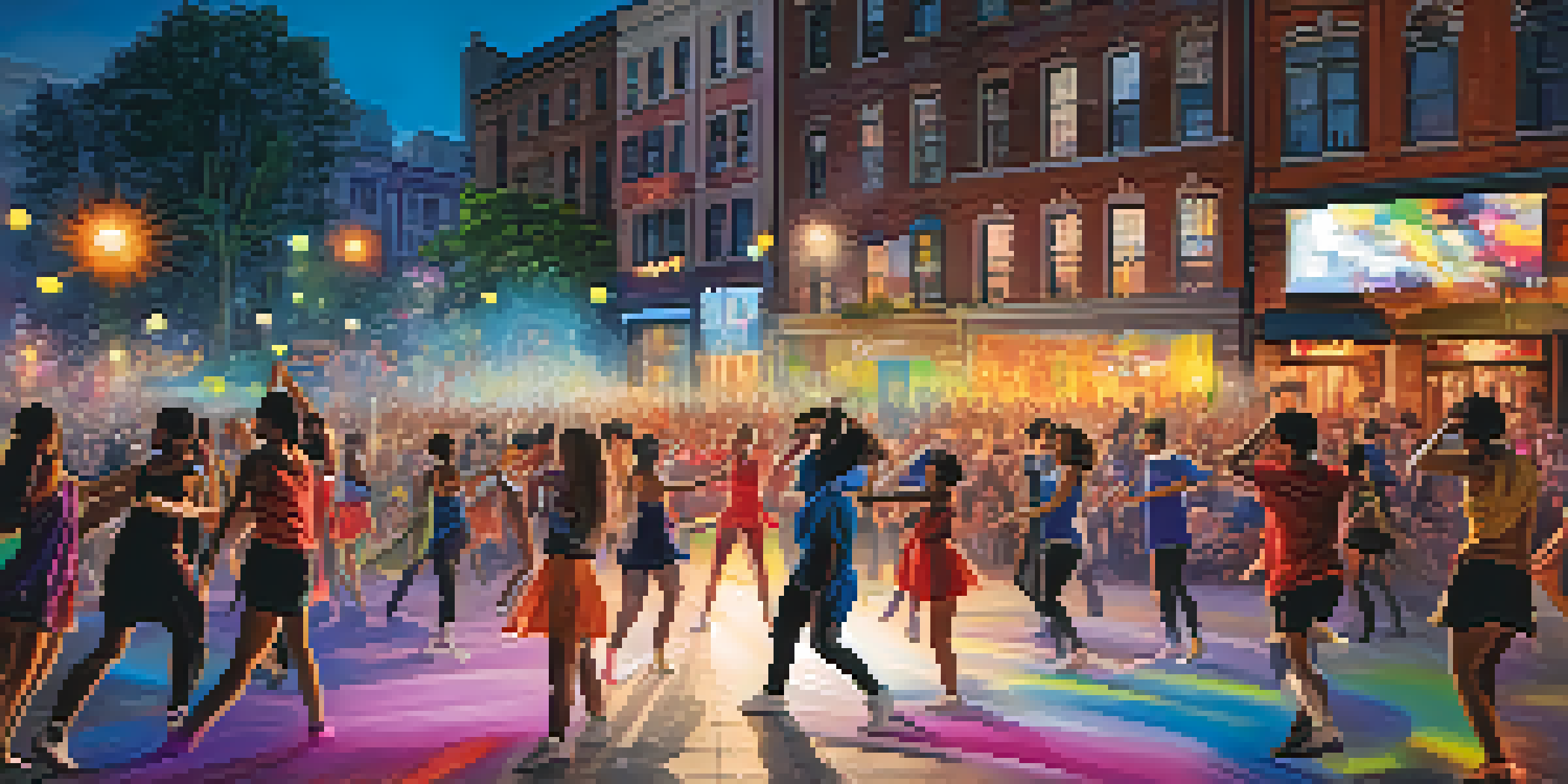 An interactive dance performance in an urban setting with colorful dancers and digital projections, surrounded by a diverse audience and city lights.