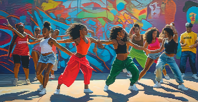 A diverse group of dancers performing in an urban environment with a colorful graffiti wall in the background, showcasing dynamic poses and strong emotions.