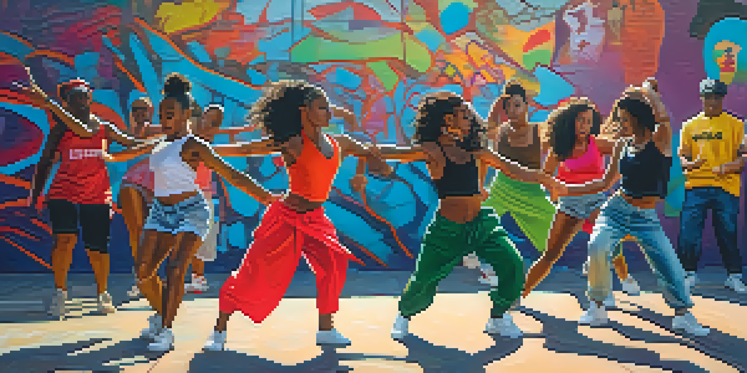 A diverse group of dancers performing in an urban environment with a colorful graffiti wall in the background, showcasing dynamic poses and strong emotions.