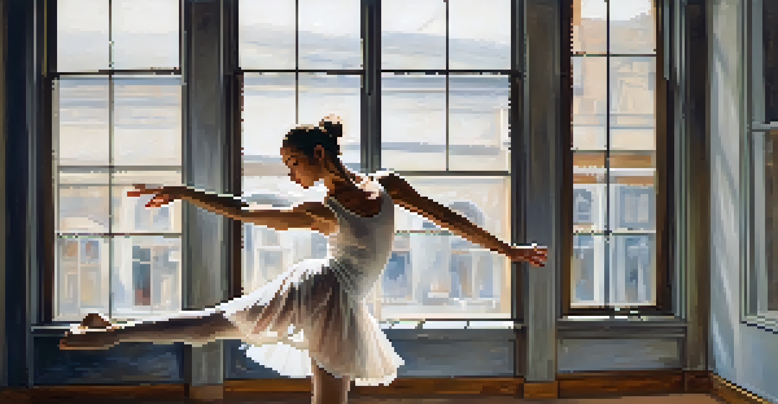 A dancer practicing alone in a serene environment, gracefully extending their arms in soft natural light.