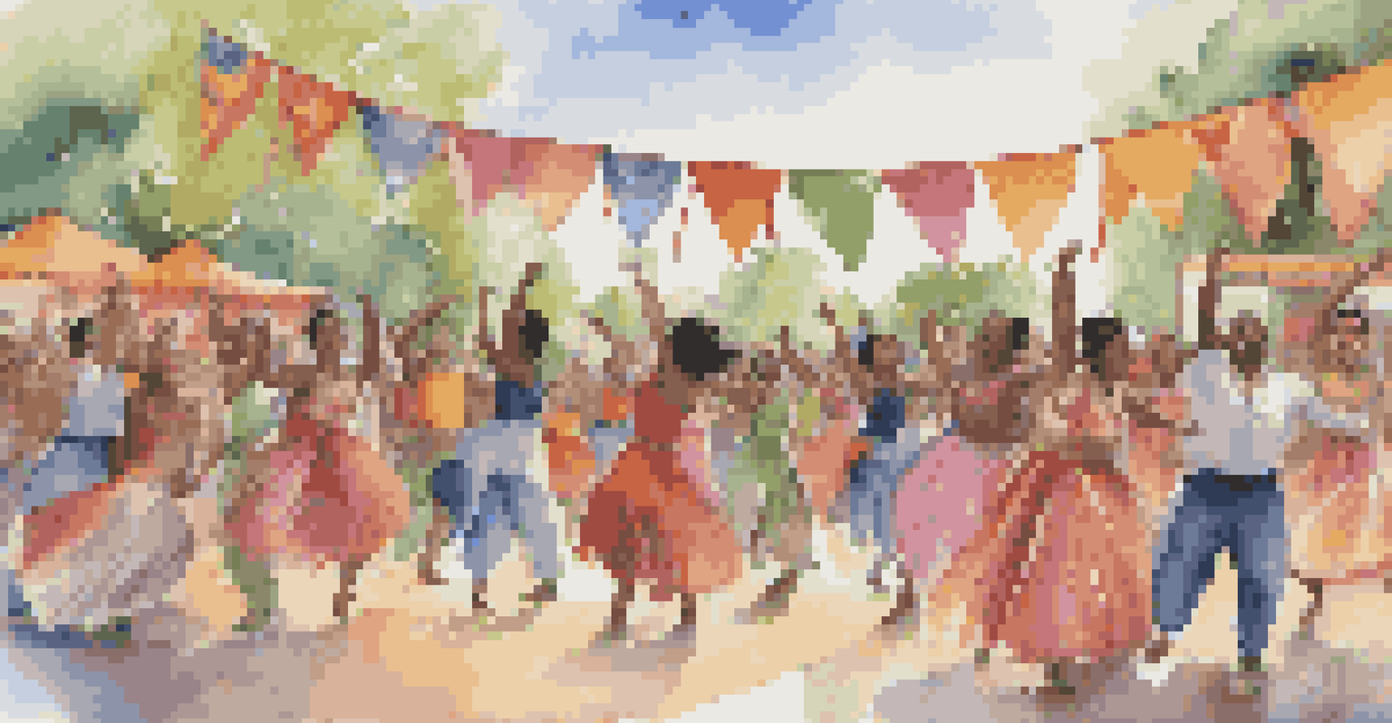 An outdoor dance festival with diverse dancers performing on stage, surrounded by colorful decorations and an engaged audience.