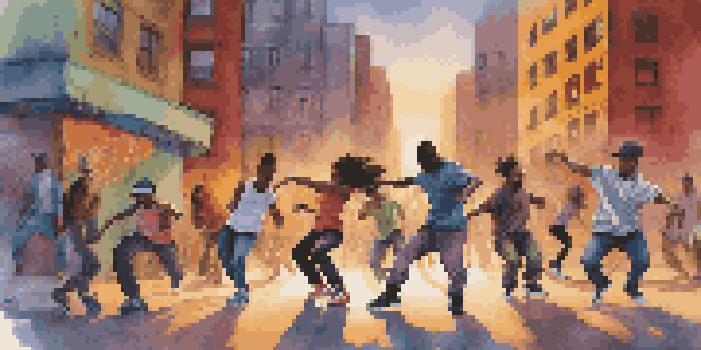 A group of diverse dancers in urban clothing performing dynamic street dance moves against a colorful graffiti backdrop.