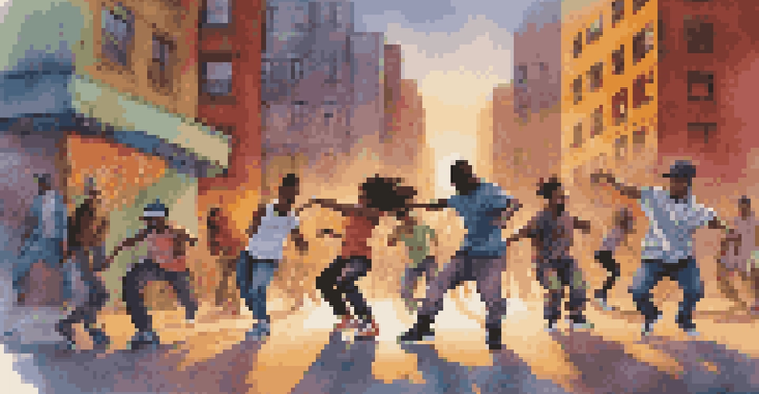 A group of diverse dancers in urban clothing performing dynamic street dance moves against a colorful graffiti backdrop.