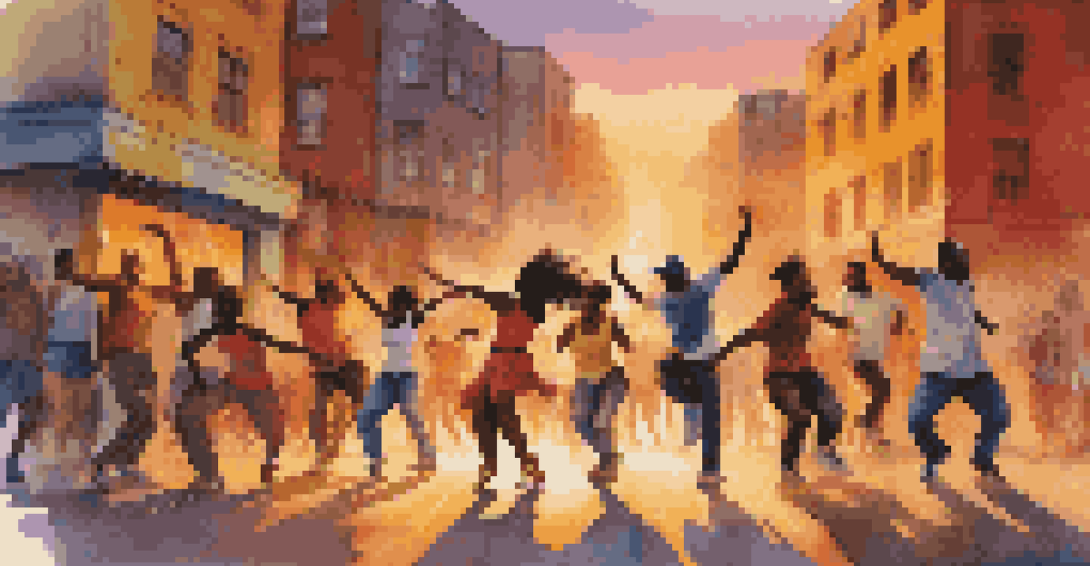 A lively street dance performance by a diverse group of dancers in an urban environment, with colorful street art and sunset lighting.