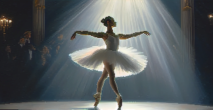 A ballet dancer in a white tutu performing a pirouette on stage, highlighted by a soft spotlight against a dark background.