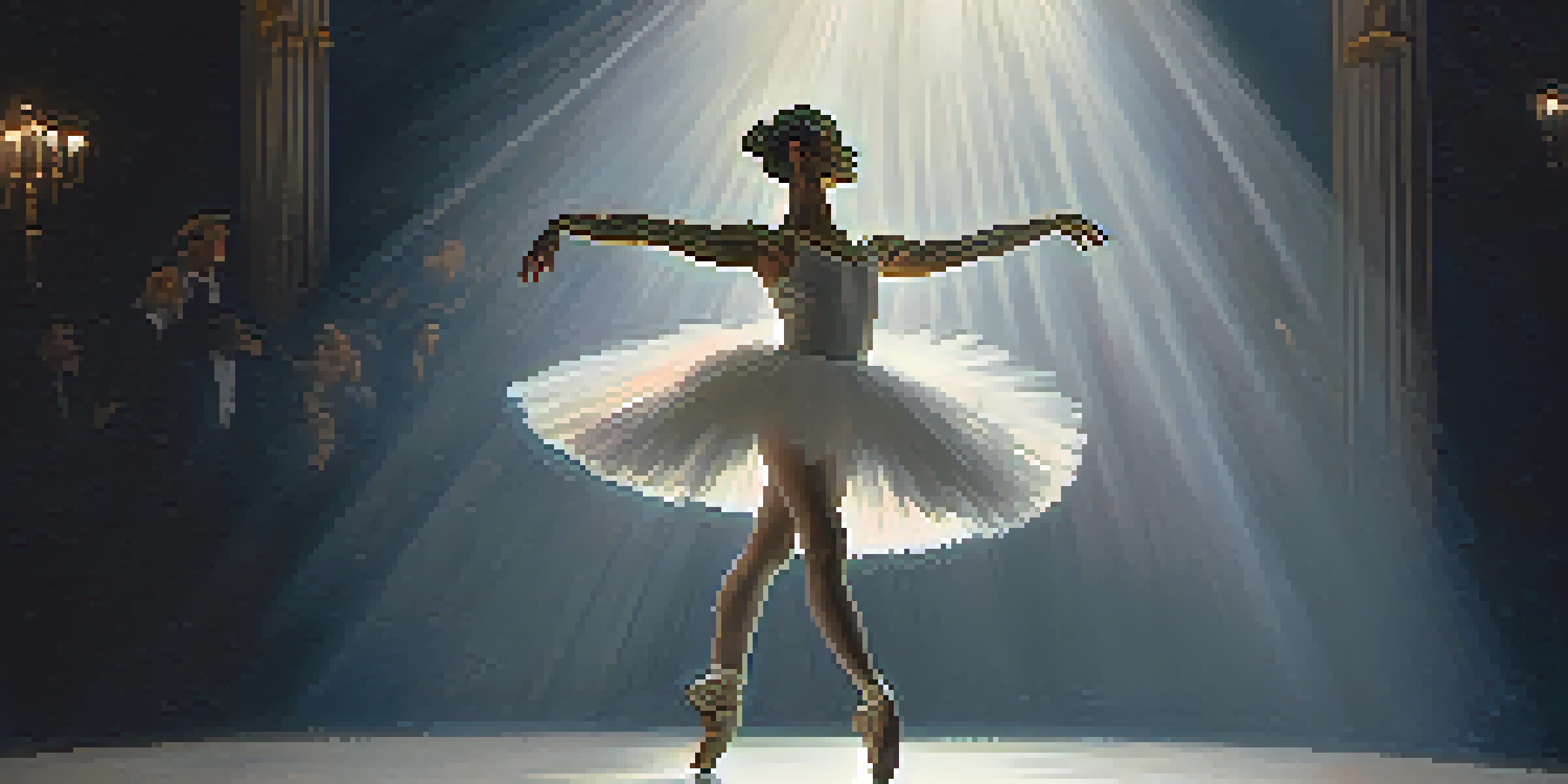 A ballet dancer in a white tutu performing a pirouette on stage, highlighted by a soft spotlight against a dark background.