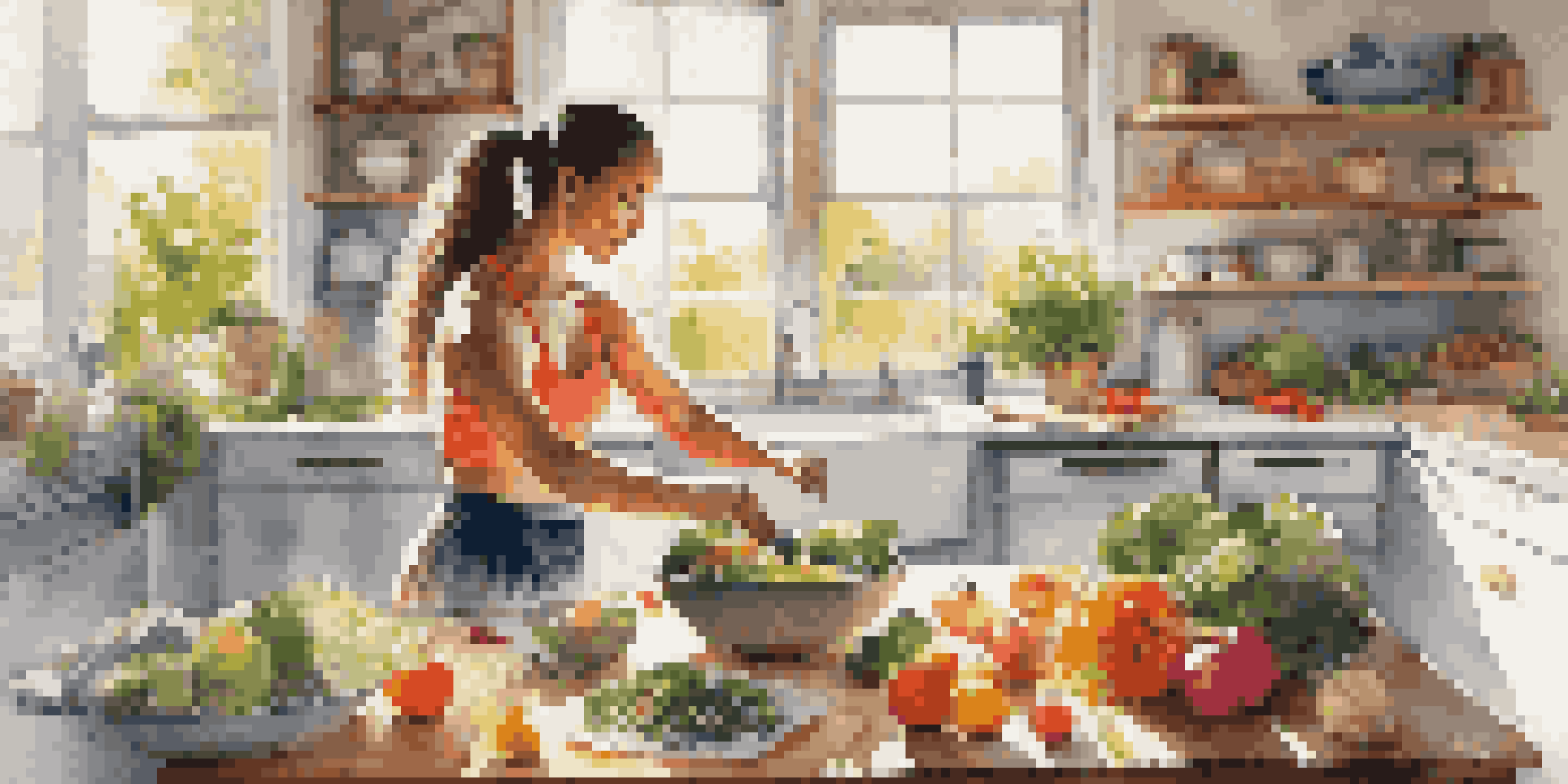 A dancer in a colorful kitchen preparing healthy meals with fresh vegetables and fruits, with sunlight streaming through the window.