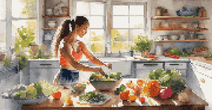 A dancer in a colorful kitchen preparing healthy meals with fresh vegetables and fruits, with sunlight streaming through the window.